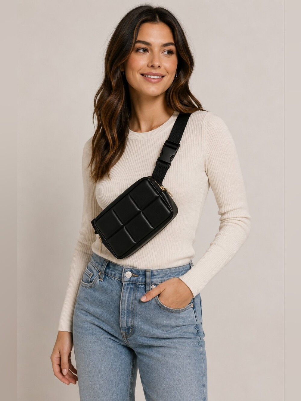 Amanda Uprichard New York Black Quilted Belt Bag Crossbody Gold Zip